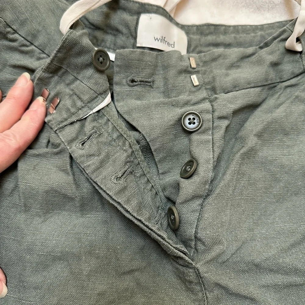 Wilfred Linen Blend Cropped Button Fly Joggers Adjustable Draw String Army Green